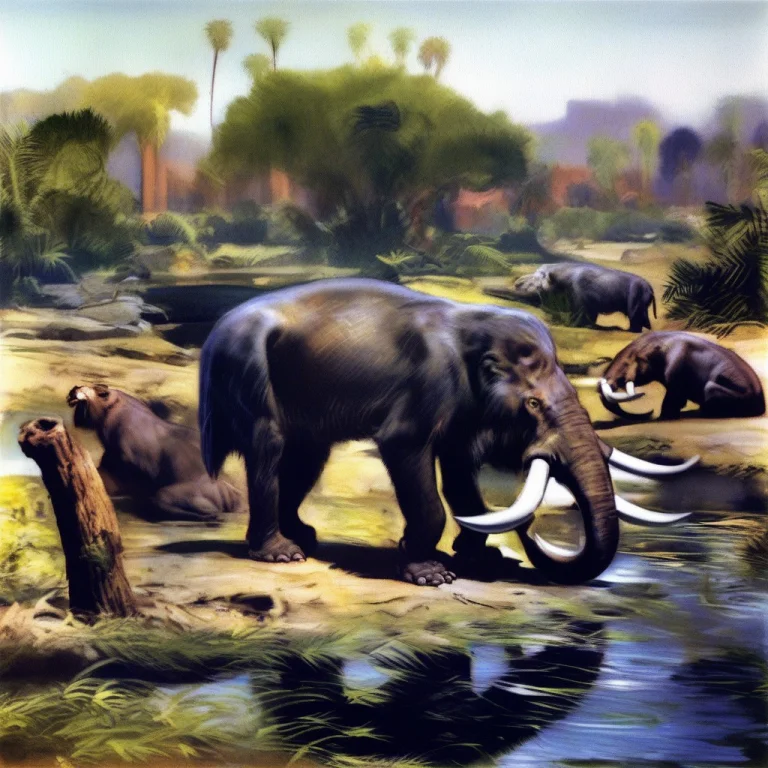 A Painting Of A Scene At The La Brea Tar Pits. A Mastodon Is...
