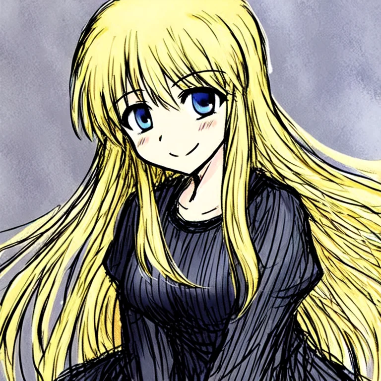 1girl, Smile, Black Dress, Very Long Hair, Sketch , Jaggy Li...