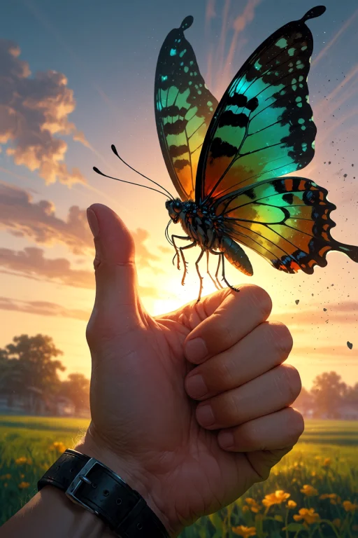, A Butterfly Hovering Over A Human Hand Giving A Thumbs-up...