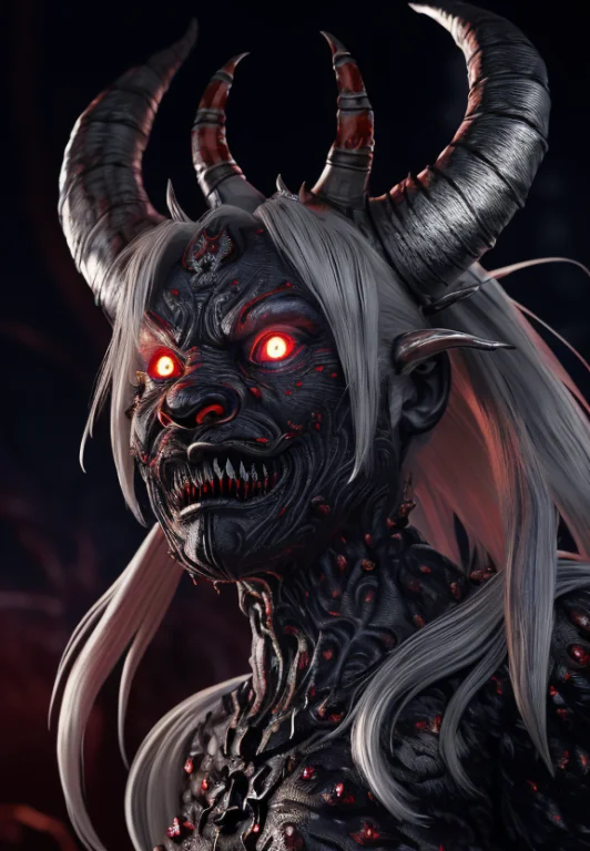 3d Render Of A Scary Oni Creature With A Devil Mask And Long...
