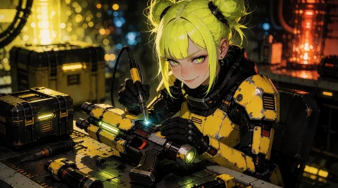 1woman, Neon Yellow Doublebuns, Green Eyes, Wearing A Weathe... — Stable Diffusion AI Prompt: 1woman, neon yellow doublebuns, green eyes, wearing a weathered black yellow met...