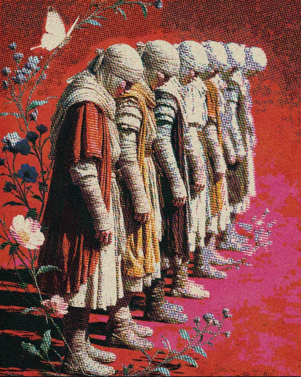 A Line Of Six Figures Walks In Single File Across A Solid Cr...