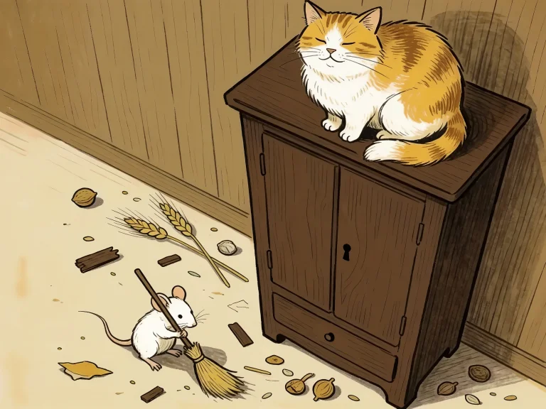 Ginger Cat Sitting On Cabinet Watching White Mouse Sweeping...
