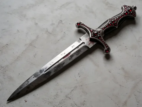 Ornate Dagger With Red Gems In Handle Bloodstains On Blade L... — Stable Diffusion AI Prompt: 🗡️ ornate dagger with red gems in handle bloodstains on blade lying on stone sur...