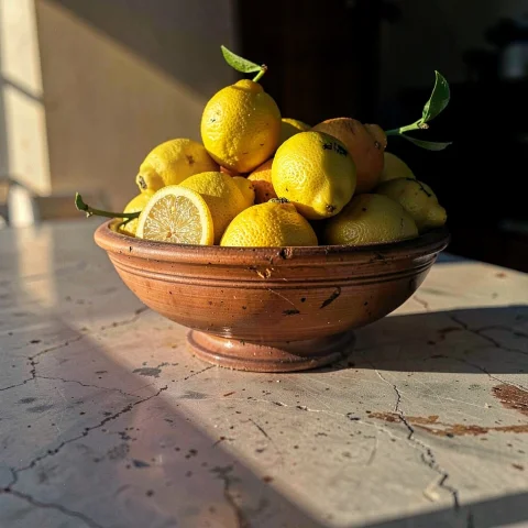 A Bowl Of Lemons Catching Low Afternoon Light, Leading Lines... — Stable Diffusion AI Prompt: a bowl of lemons catching low afternoon light, leading lines, serene mood, cinem...