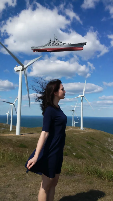 A Young Woman With Dark Hair Blowing In The Wind Stands In P...