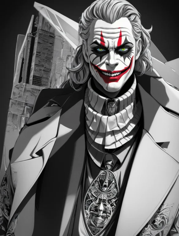 A King Joker, Half Face Robotic, Realistic, Smok, Large Shot...