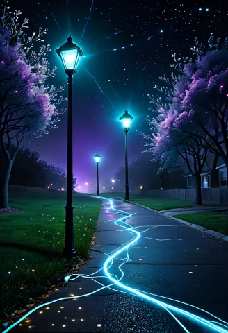 Photorealistic, Lonely Streetlamp On A Dark Suburban Sidewal... — Stable Diffusion AI Prompt: photorealistic, lonely streetlamp on a dark suburban sidewalk, lamp glow bloomin...