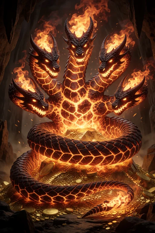 A Full Body Realistic 3dartwork, Hydra Dragon In A Cave Guar...