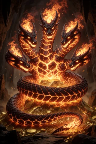A Full Body Realistic 3dartwork, Hydra Dragon In A Cave Guar... — Stable Diffusion AI Prompt: a full body realistic 3d_\(artwork\), Hydra dragon in a cave guarding treasure....