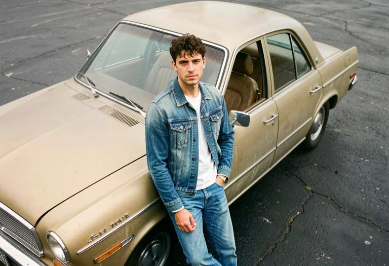 A Denim Look Leaning Against A Vintage Car, 35mm Film Still,...