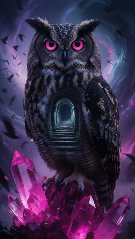 A Photorealistic Image Of A Large, Dark-feathered Owl With P...