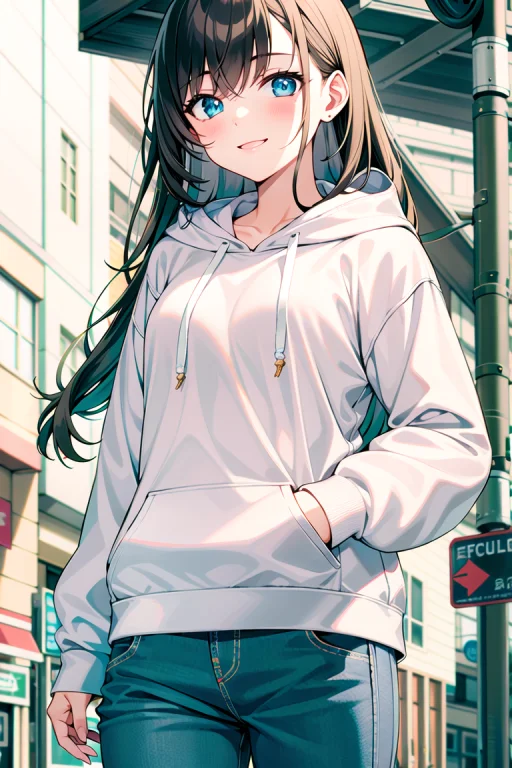 1girl, Solo, Cowboy Shot, Long Hair, Downtown, Hooded Sweats...