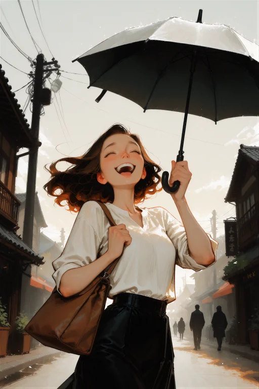 Digital Illustration, A Woman Laughing As Her Umbrella Lifts...