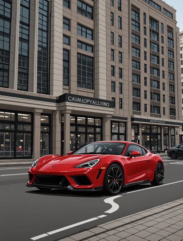 A Red Sports Car Parked In Front Of A Building With A Lot Of...