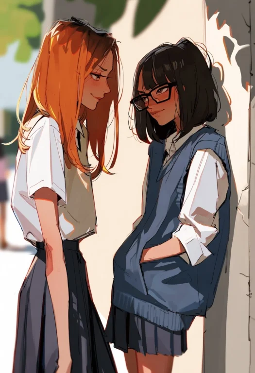 S-cartoon , Score9, Score8, 2girls, Yuri, Kabedon, Leaning O...