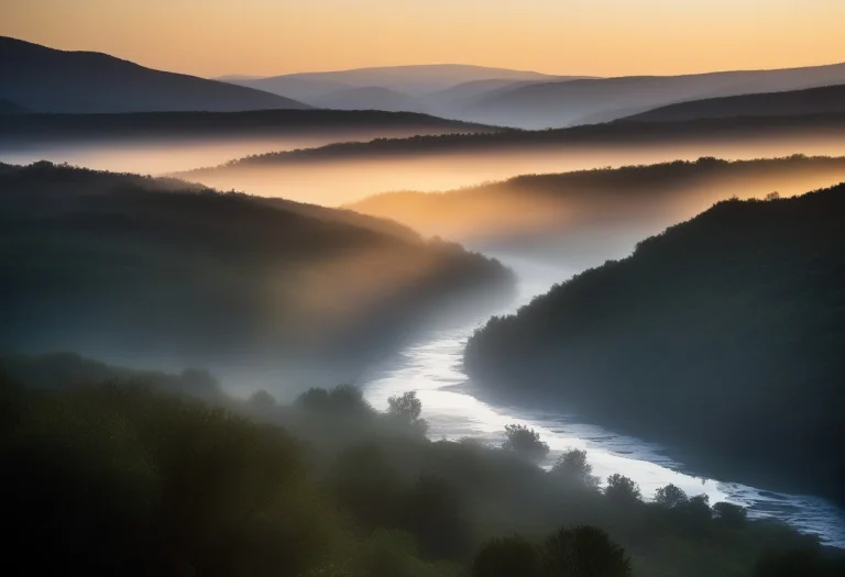 A Misty River Valley At First Light, Moonlight, Layered Dept...