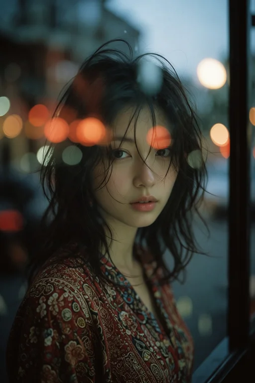 A Young Asian Woman With Dark, Tousled Hair Gazes Directly A...