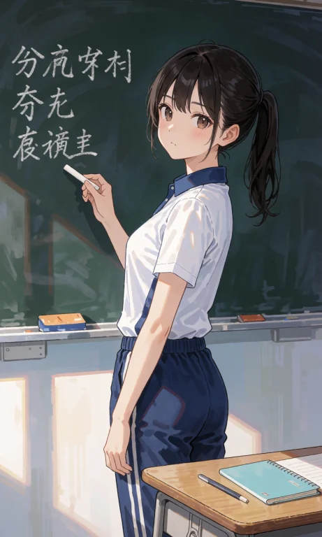 一位扎马尾的动漫女生穿着校服衬衫和长裤,站在黑板前。黑板上留...