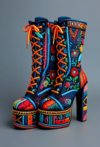 Ral-embroideredpatch Boots, High Heels, Stitch Boots, Boots... — SDXL AI Prompt: ral-embroideredpatch Boots, high heels, Stitch boots, boots made of stitches , c...