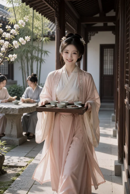 明亮庭院的木廊中，一名年轻中国女子双手托着长方形木盘向前走来...