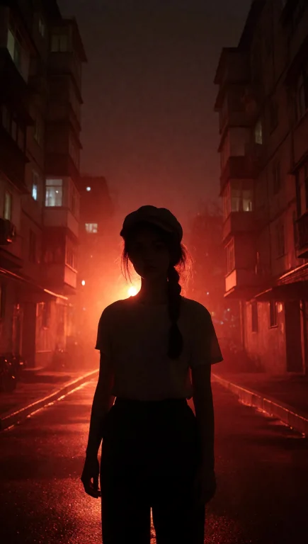 A Silhouetted Young Girl Stands In The Center Of A Narrow Ur...