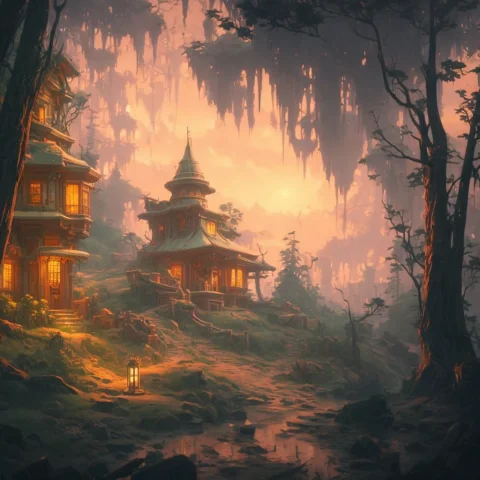 Dgtl, A Little House On A Hill In A Dark Forest, Fantasy, La... — Stable Diffusion AI Prompt: dgtl, a little house on a hill in a dark forest, fantasy, lanterns, soft, moody,...