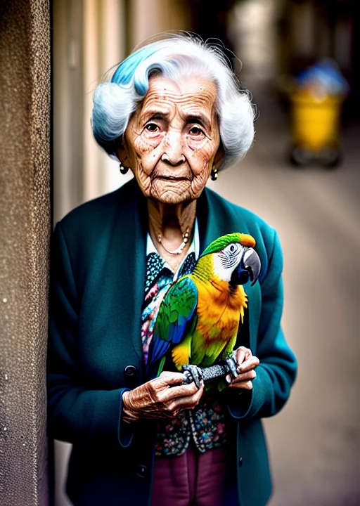 Portrait Of An Elderly Lady With A Pet Parrot Ambient Light,...