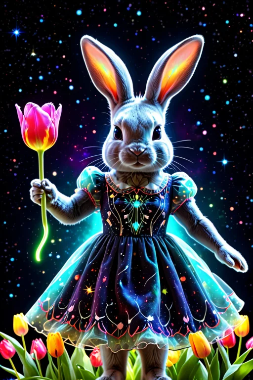 A Fancy Bunny In A Cute Dress Throwing A Colorful Tulip.. ....