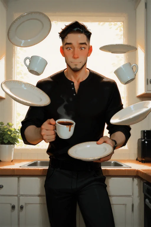 Digital Illustration, A Man Standing In His Kitchen Watching...