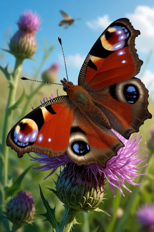 , A Peacock Butterfly With Eye-spot Wings On A Thistle Flowe...