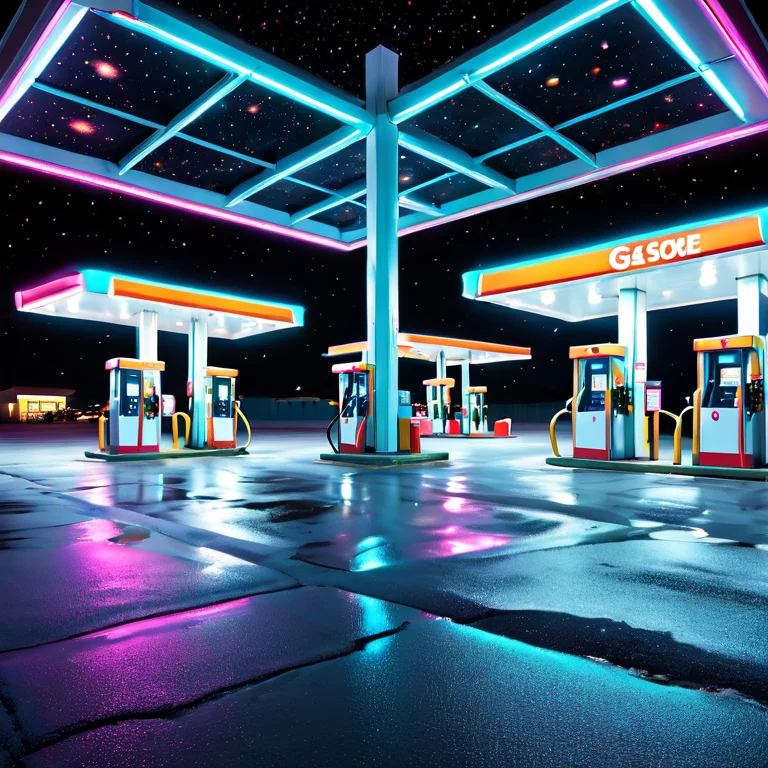 A Lonely Gas Station Forecourt At 3am, Fuel Pumps And Fluore...