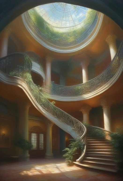 A Spiral Staircase Winding Through An Atrium, Oil Painting,...