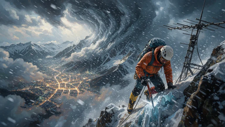 3d, Oil Painting, Close Cinematic View Of A Mountain Climber...