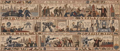 In The Style Of The Bayeux Tapestry, Tell The Tale Of The Mo... — Stable Diffusion AI Prompt: in the style of the bayeux tapestry, tell the tale of the movie Robocop ( the fi...