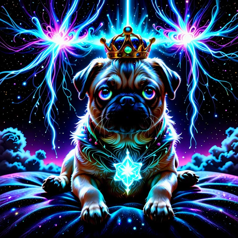 A Hyper-realistic Portrait Of A Grumpy Pug Sitting On A Dark...