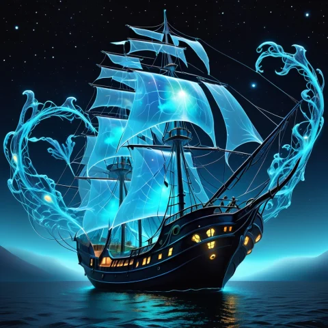 Biolumens Universe, Ghostly Pirate Ship, Sailing At Night, G... — SDXL AI Prompt: Biolumens Universe, ghostly pirate ship, sailing at night, glowing blue hull, vi...