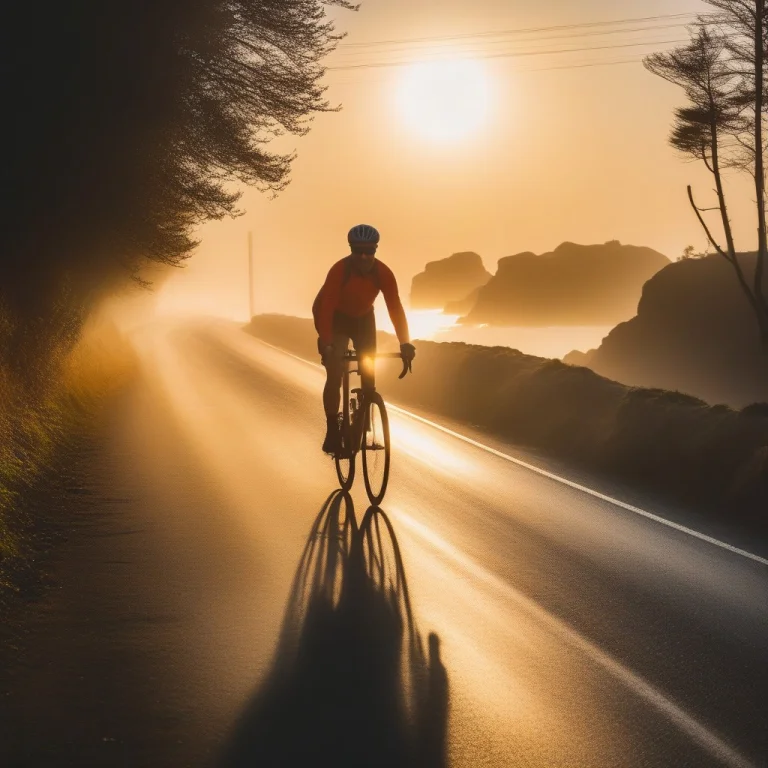 A Cyclist Coasting Down A Misty Coastal Road, Analog Photo,...