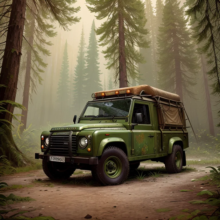 A Painting Of An Old Truck In The Woods, Luscious In The Las...