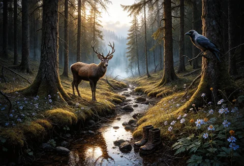 A Midday Summer Afternoon In A Sun-dappled Forest Clearing S... — Stable Diffusion AI Prompt: a midday summer afternoon in a sun-dappled forest clearing surrounded by towerin...