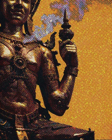 A Golden Ornate Statue Stands Against A Solid Yellow Backgro... — Stable Diffusion AI Prompt: A golden ornate statue stands against a solid yellow background/ positioned at t...