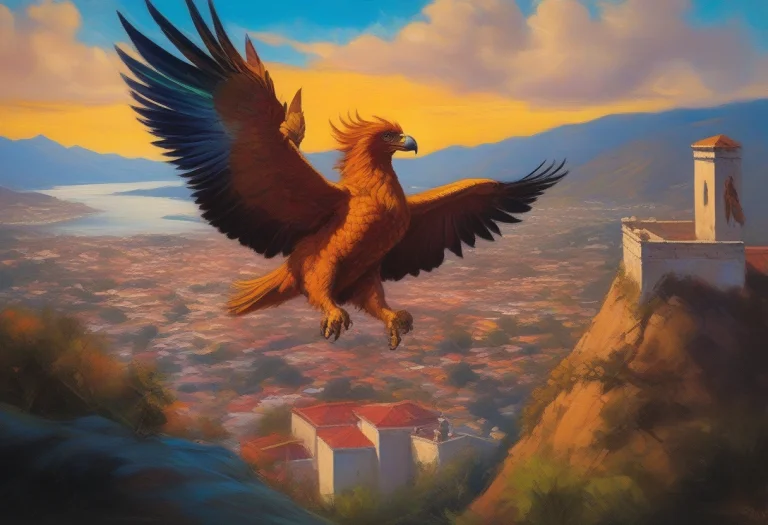 A Griffin Circling Above A Walled Mountain City, Plein Air P...