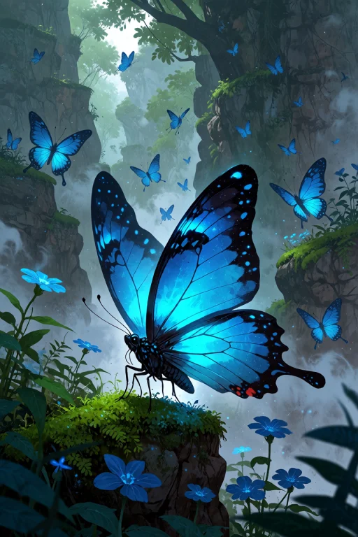 , A Glowing Blue Butterfly Leading A Swarm Through A Misty E...