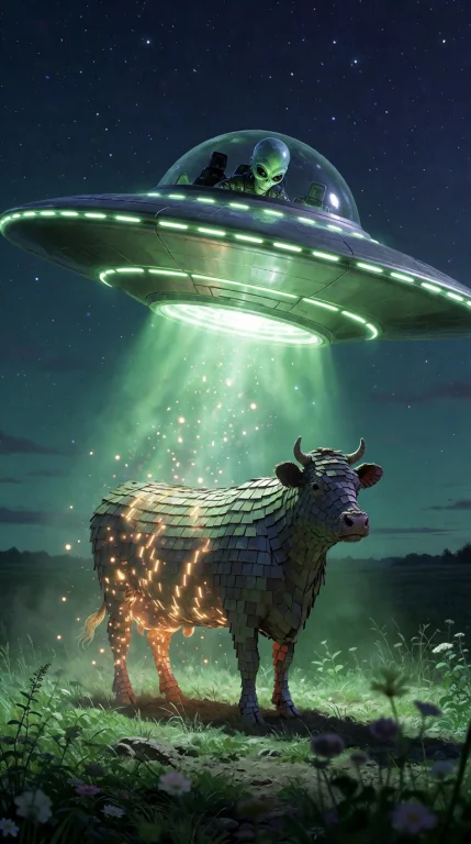 A Surreal Scene Unfolds As A Flying Saucer, Sleek And Metall...
