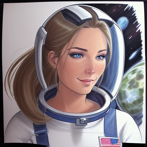 A Drawing Of A Beautiful Woman As An Astronaut, Long Flowing...