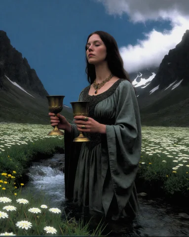 Dcdrkfntsy. A Woman With Long Dark Brown Hair Stands In A Na... — Stable Diffusion AI Prompt: / dcd@rkf@ntsy./ A woman with long dark brown hair stands in a narrow mountain s...