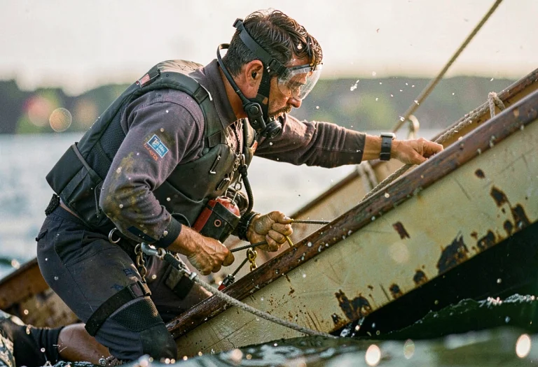 A Diver Adjusting Gear On A Rocking Boat, Film Photography,...