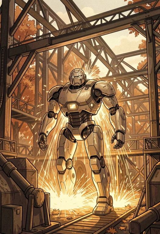 A Robot Foundry Lit By Cascades Of Sparks, Cel Shading, Grai...