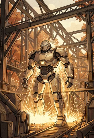 A Robot Foundry Lit By Cascades Of Sparks, Cel Shading, Grai... — Stable Diffusion AI Prompt: a robot foundry lit by cascades of sparks, cel shading, grainy film texture, mon...