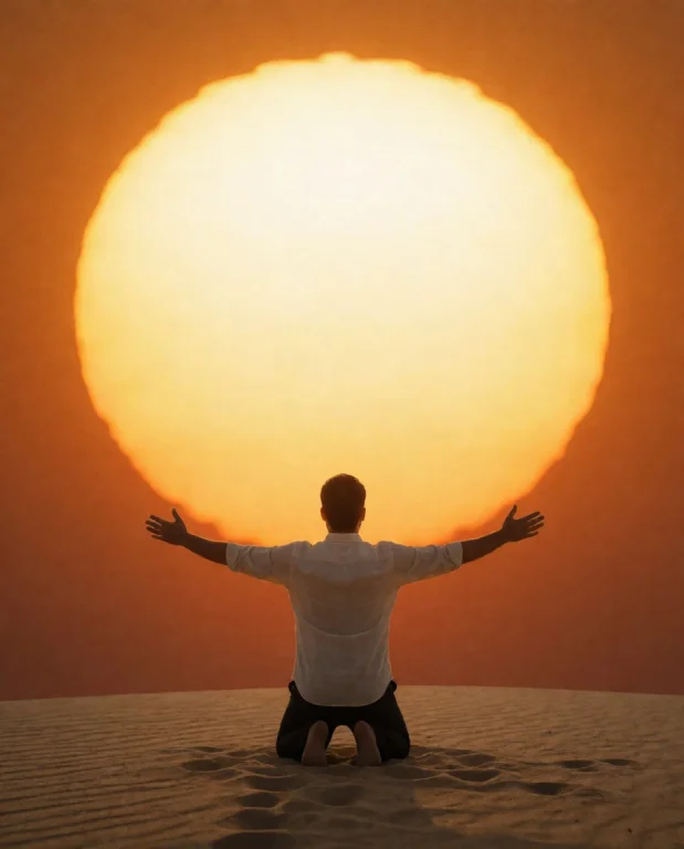 Grossly Incadescend Sun, 1 Man, Kneeling, Outstreched Arms,...